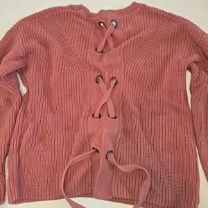 Lucky Brand Knit Coral Long Sleeve Sweater Lace‎ Up Grommet Back Size Small